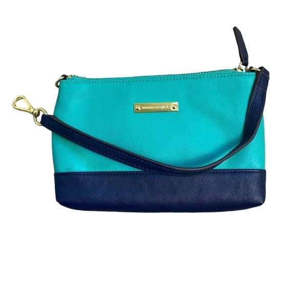 Banana Republic Colorblock Wristlet Aqua/Navy Golden Hardware Faux Leather 5” - Picture 2 of 12